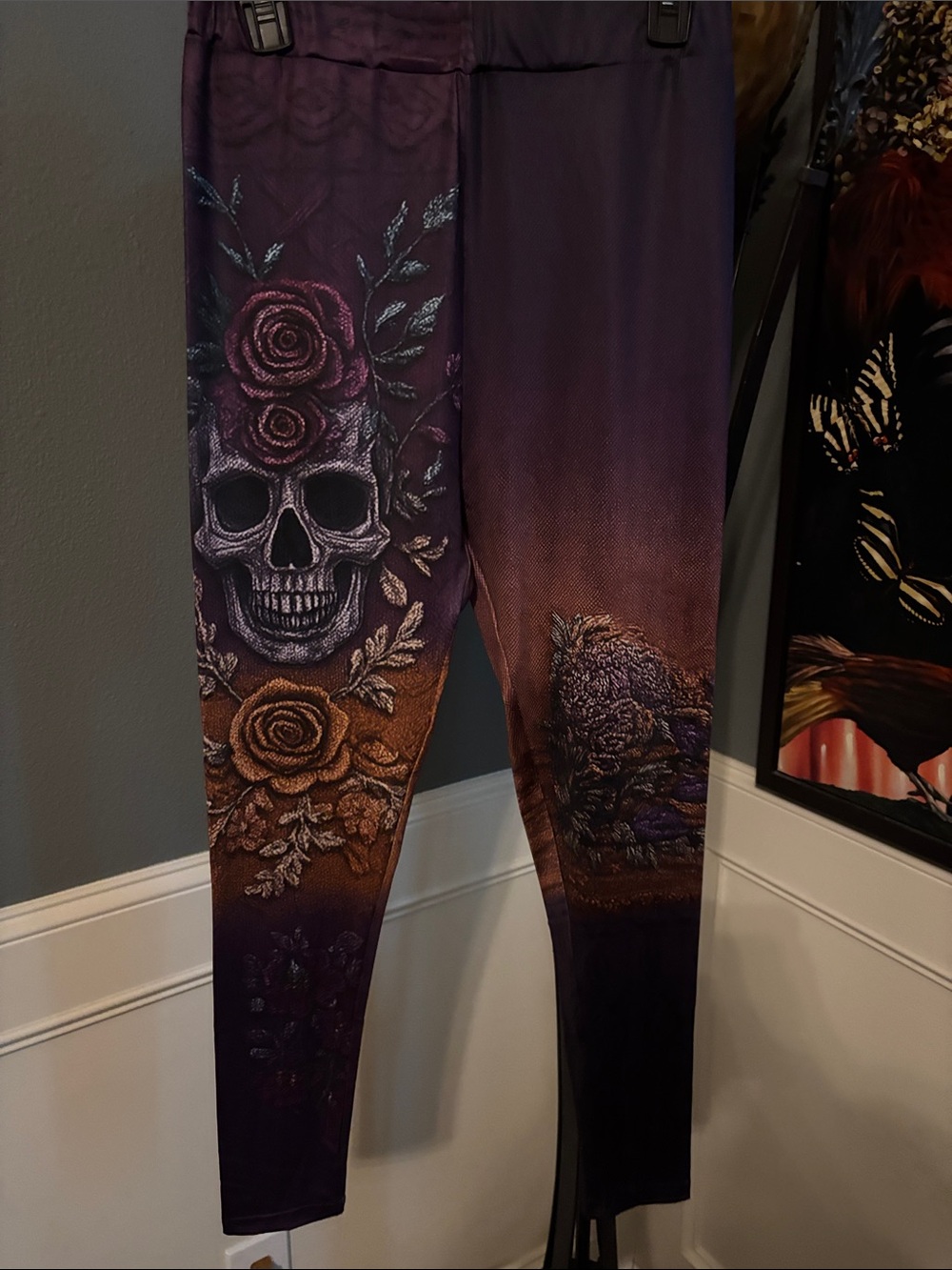 Halloween Purple Gradient Floral Skull Leggings - Halloween store - M